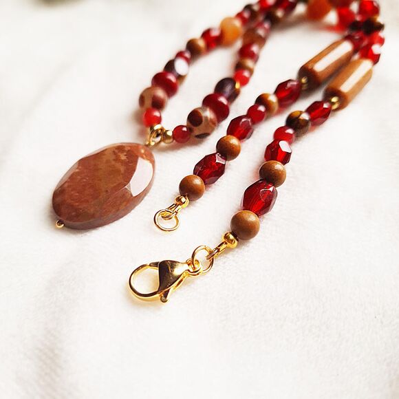 Brown Jasper & Red Jade Beaded Pendant Necklace - 24k Gold Plated Stainless - Picture 3 of 16
